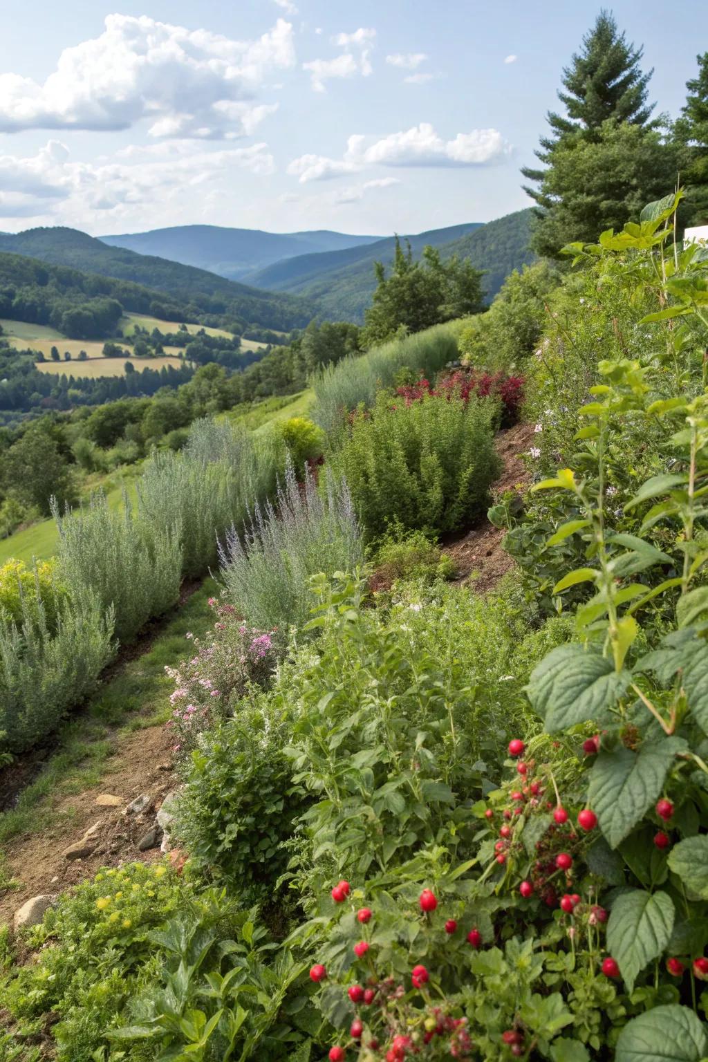 Food plants add functionality and flavor to hillside gardens.
