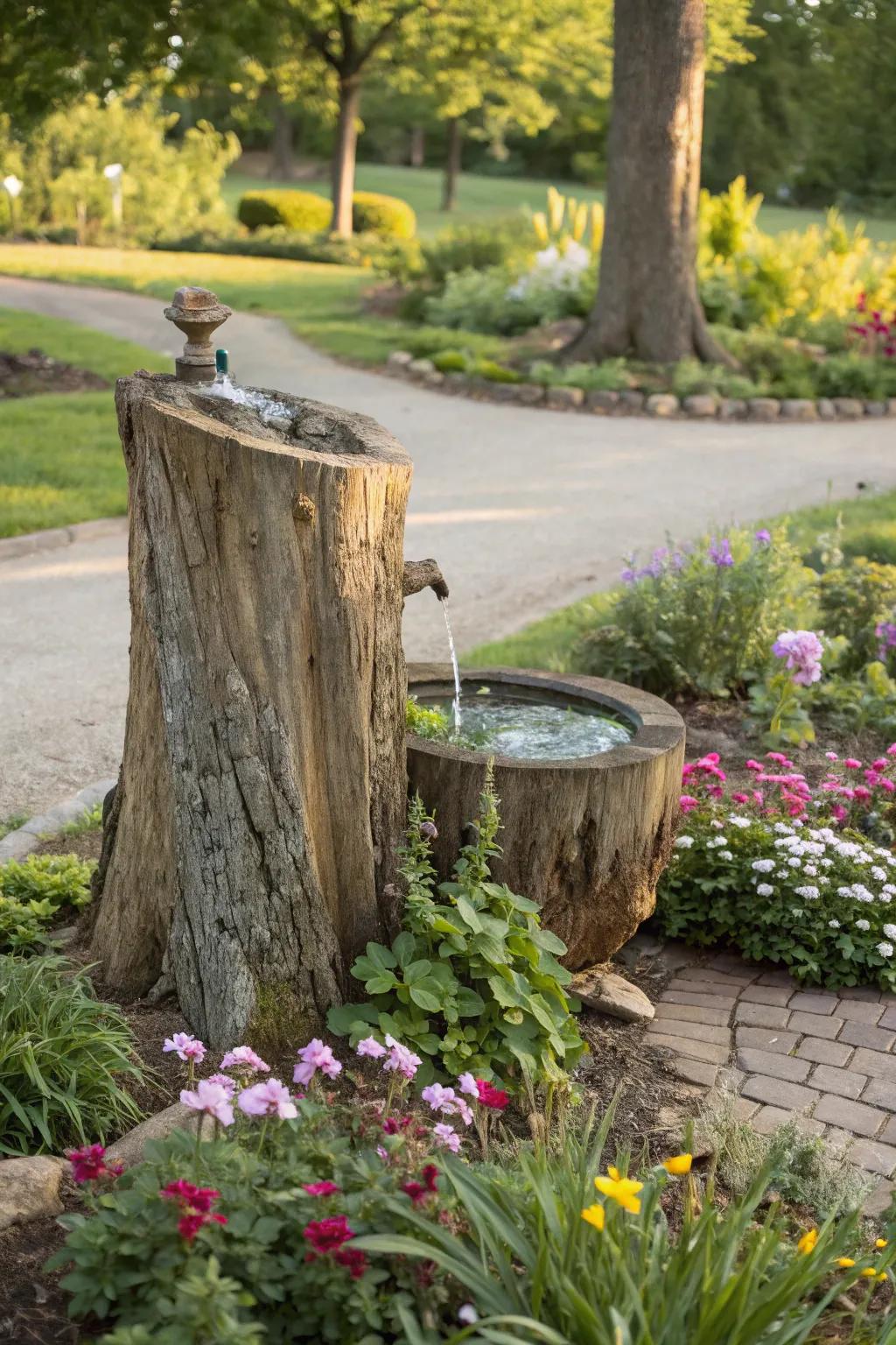 A tree stump serves as the base for a tranquil water feature.