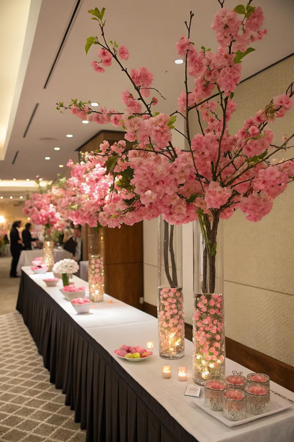 Towering cherry blossoms fill spaces with elegance.