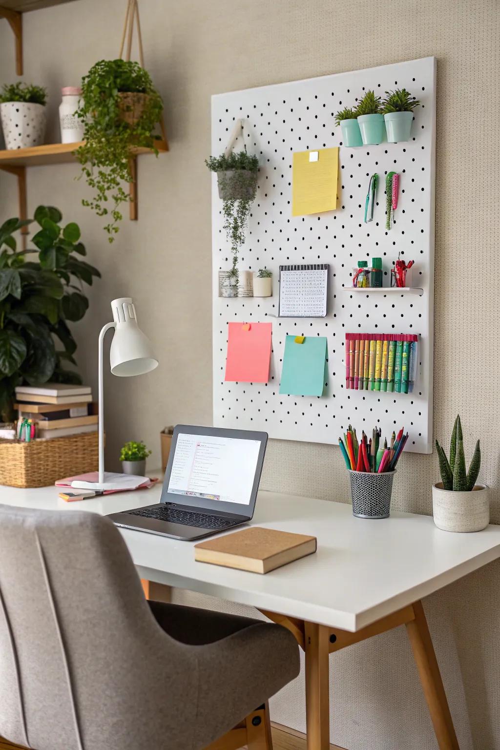 A pegboard organizer keeps supplies in order and frees up desk space.