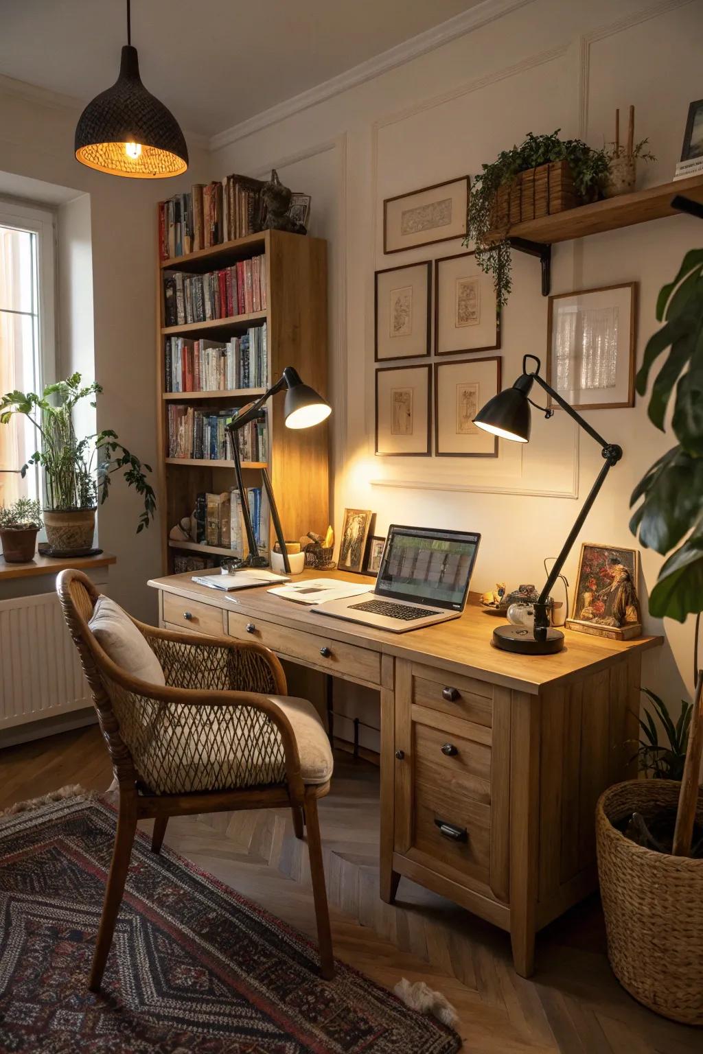 Encompassing illumination creates a cozy and inviting workspace atmosphere.