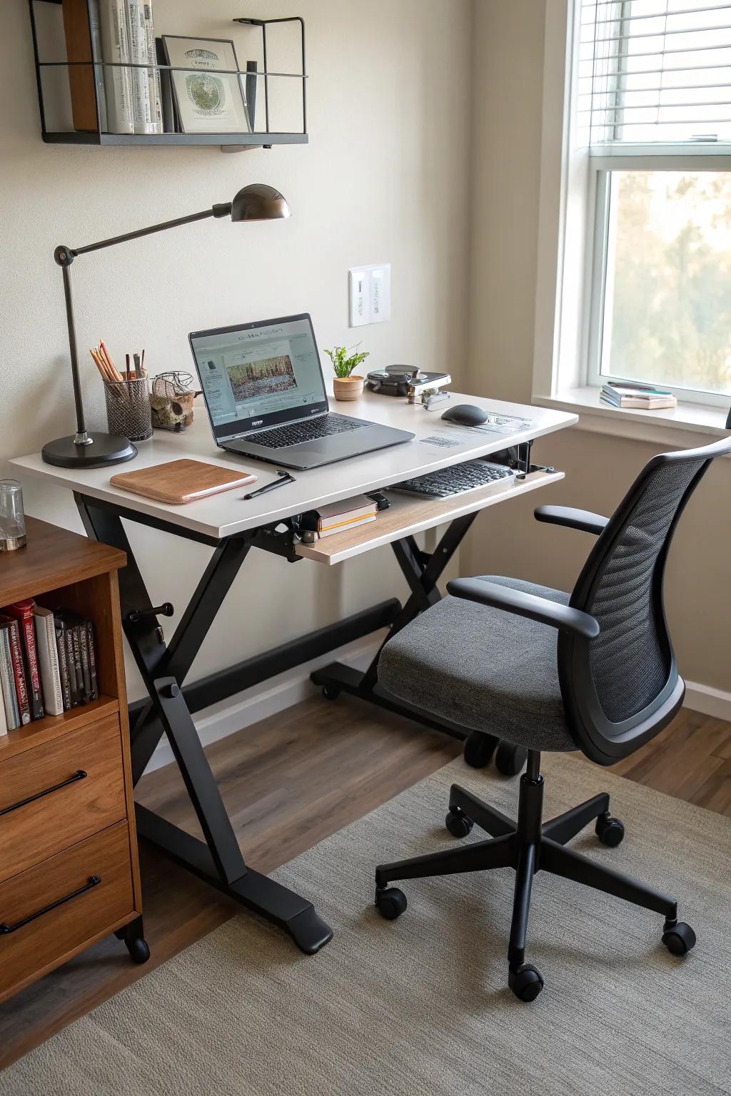 Adjustable furniture for comfort and flexibility in a home office.