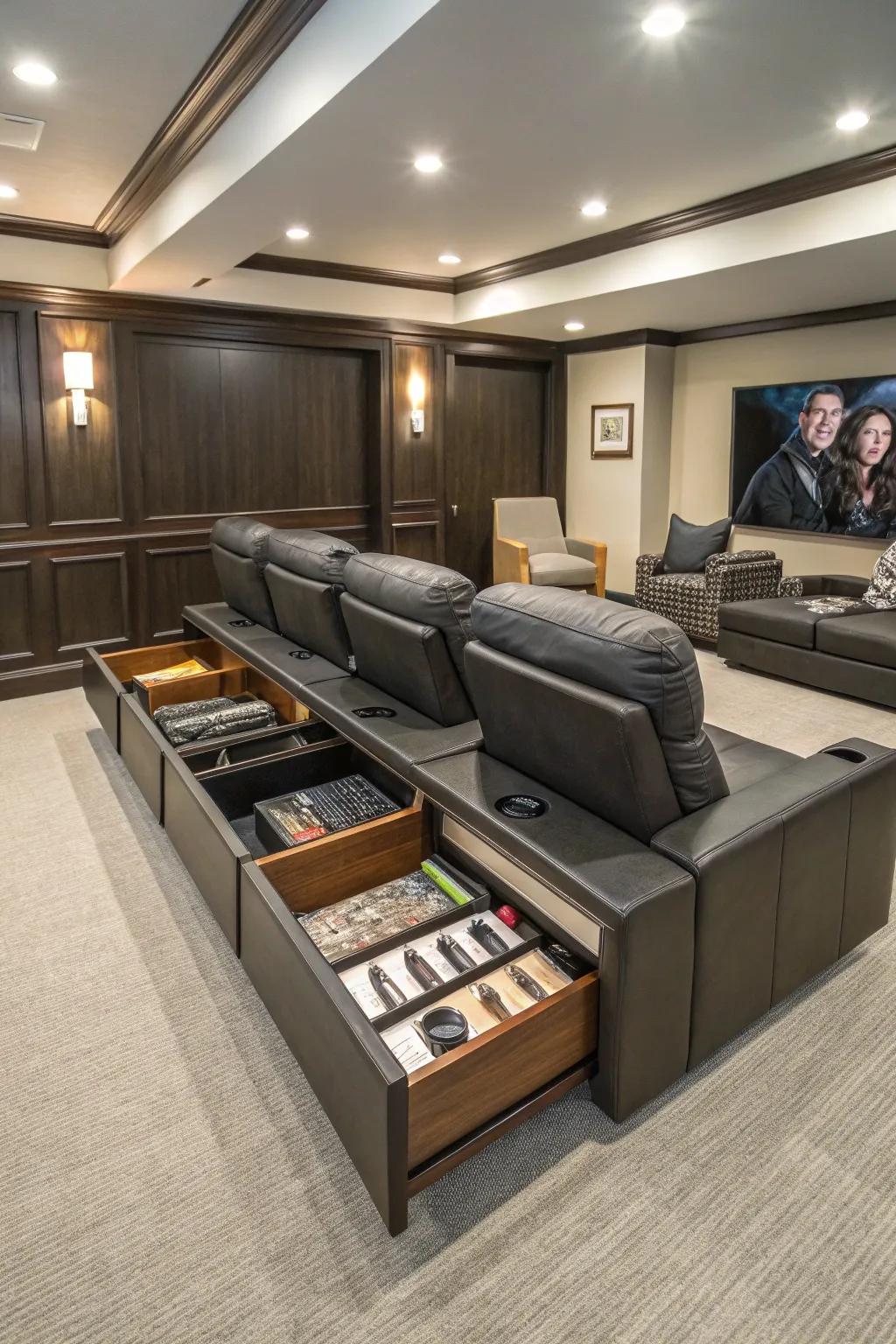 Hidden storage in seating keeps your home theater organized.