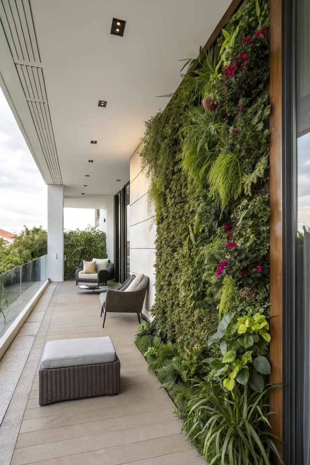 A vertical garden enhances the lush green feel on this modern porch.