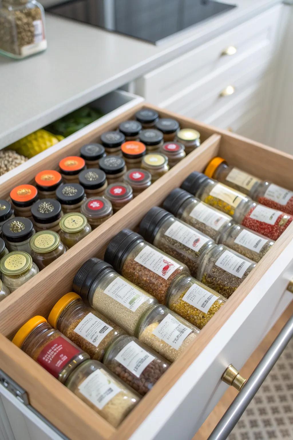 A seasoning drawer neatly arranges culinary must-haves for simple access.
