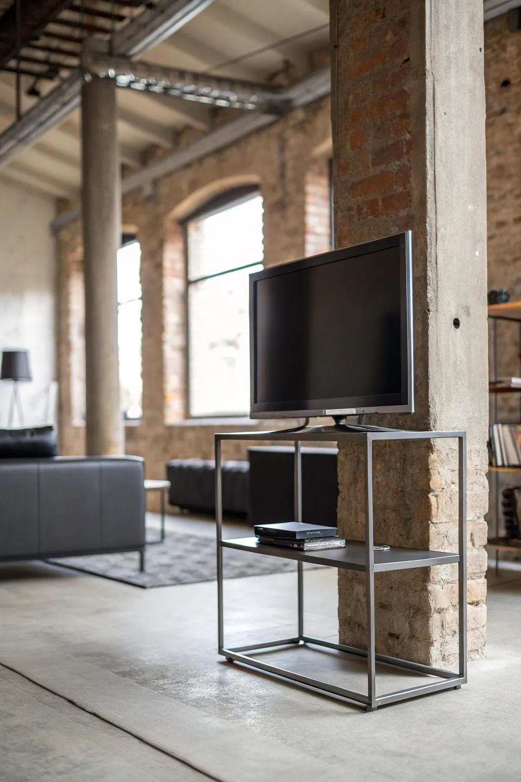 A minimalist metal stand offers a clean and industrial look under your TV.
