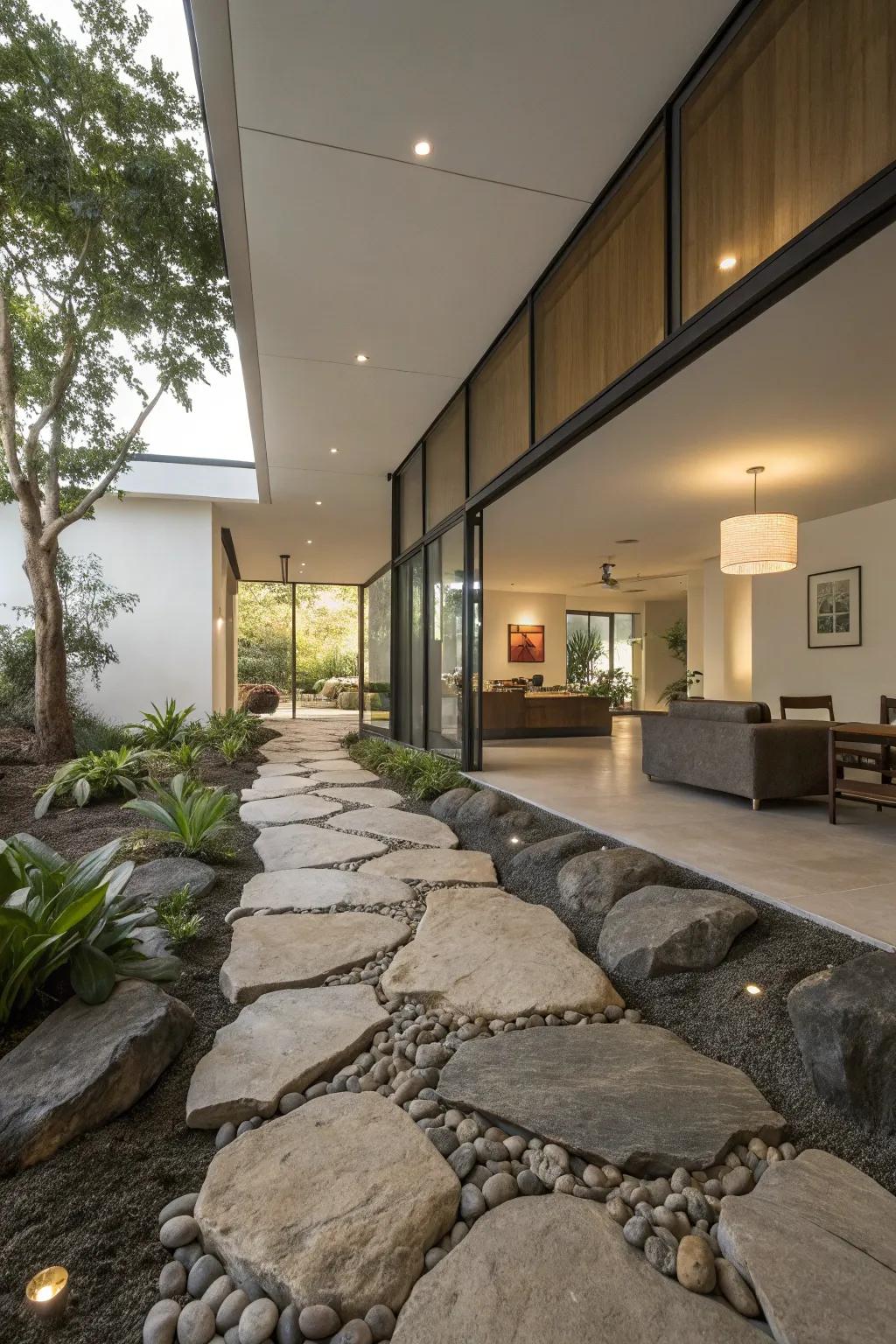 An indoor rock pathway guides steps with style and creativity.