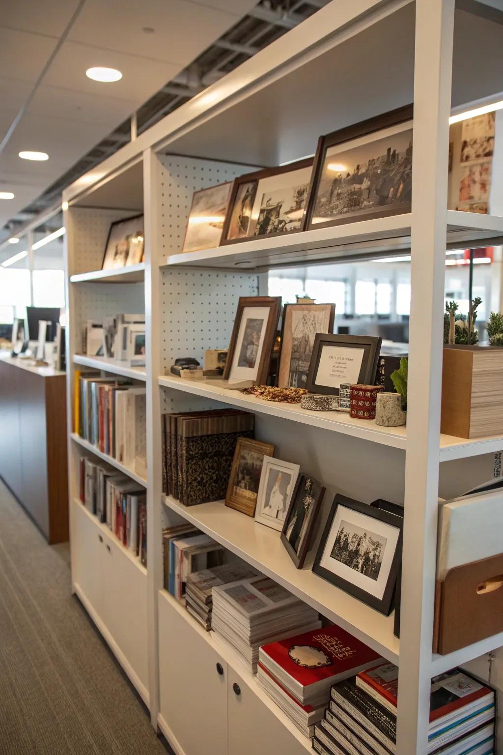 Personal collections add individuality to the office décor.