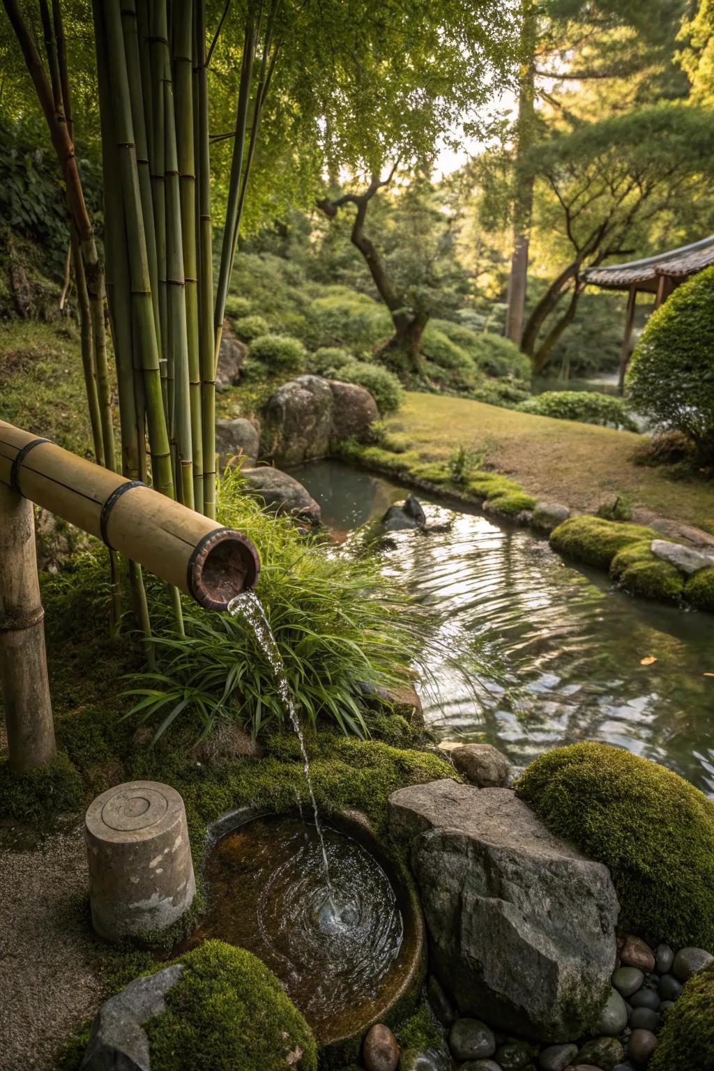 A cane fountain bringing a gentle water flow to the garden.