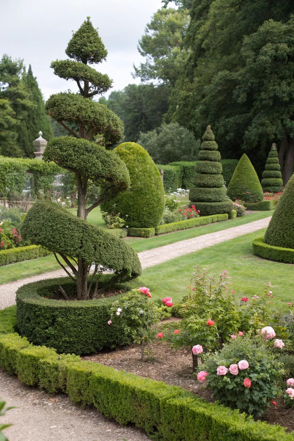 Whimsical juniper topiaries add a touch of magic