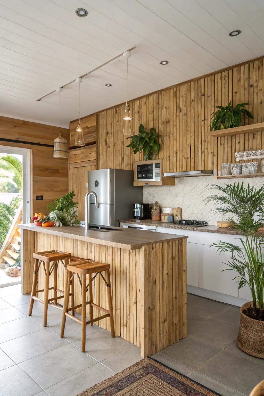 Eco-friendly kitchen with natural material accent wall.