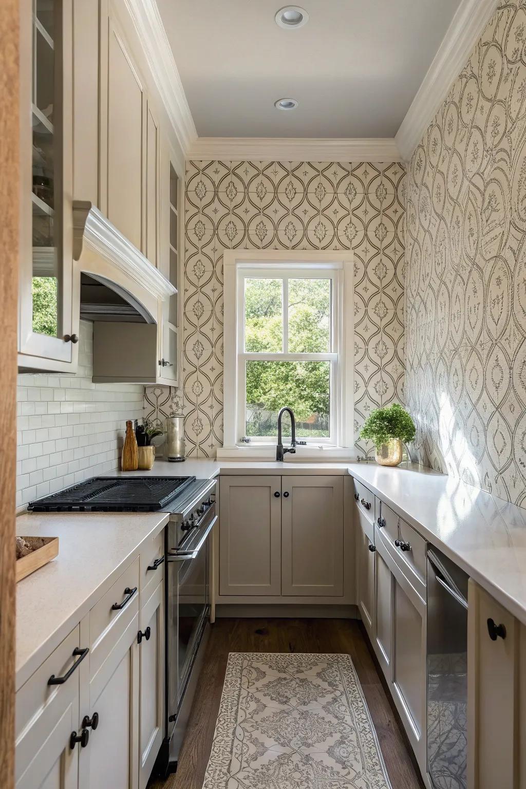 A striking feature wall turns this kitchen alcove into an artful focal point.