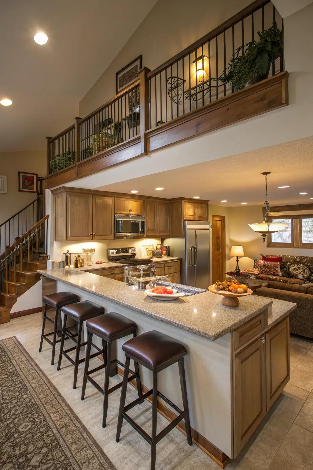 A two-level bar for cooking and dining.