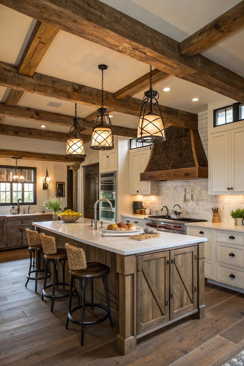 Rustic beams paired with modern fixtures create an eclectic vibe.