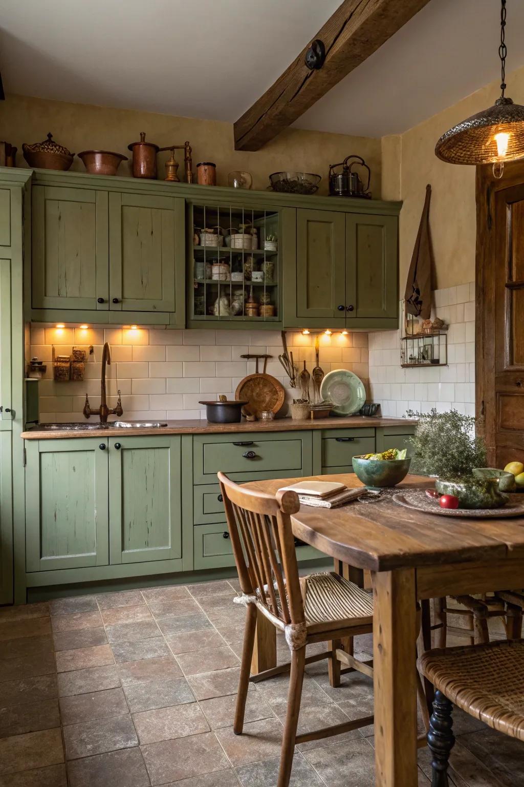 Chartreuse cabinets introduce country charm and comfort to the cooking space.