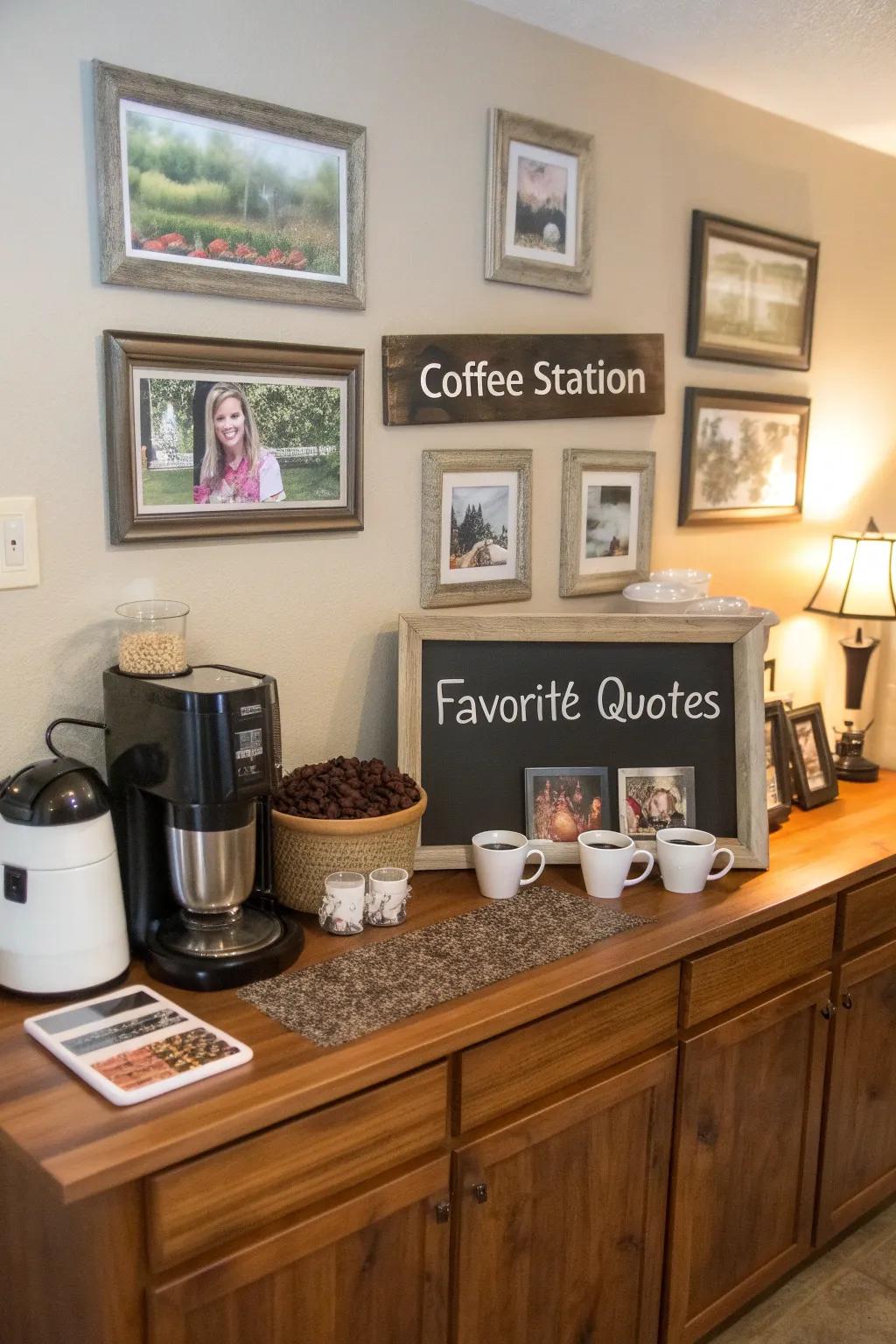Personal details fashioning a cozy and inviting coffee station.