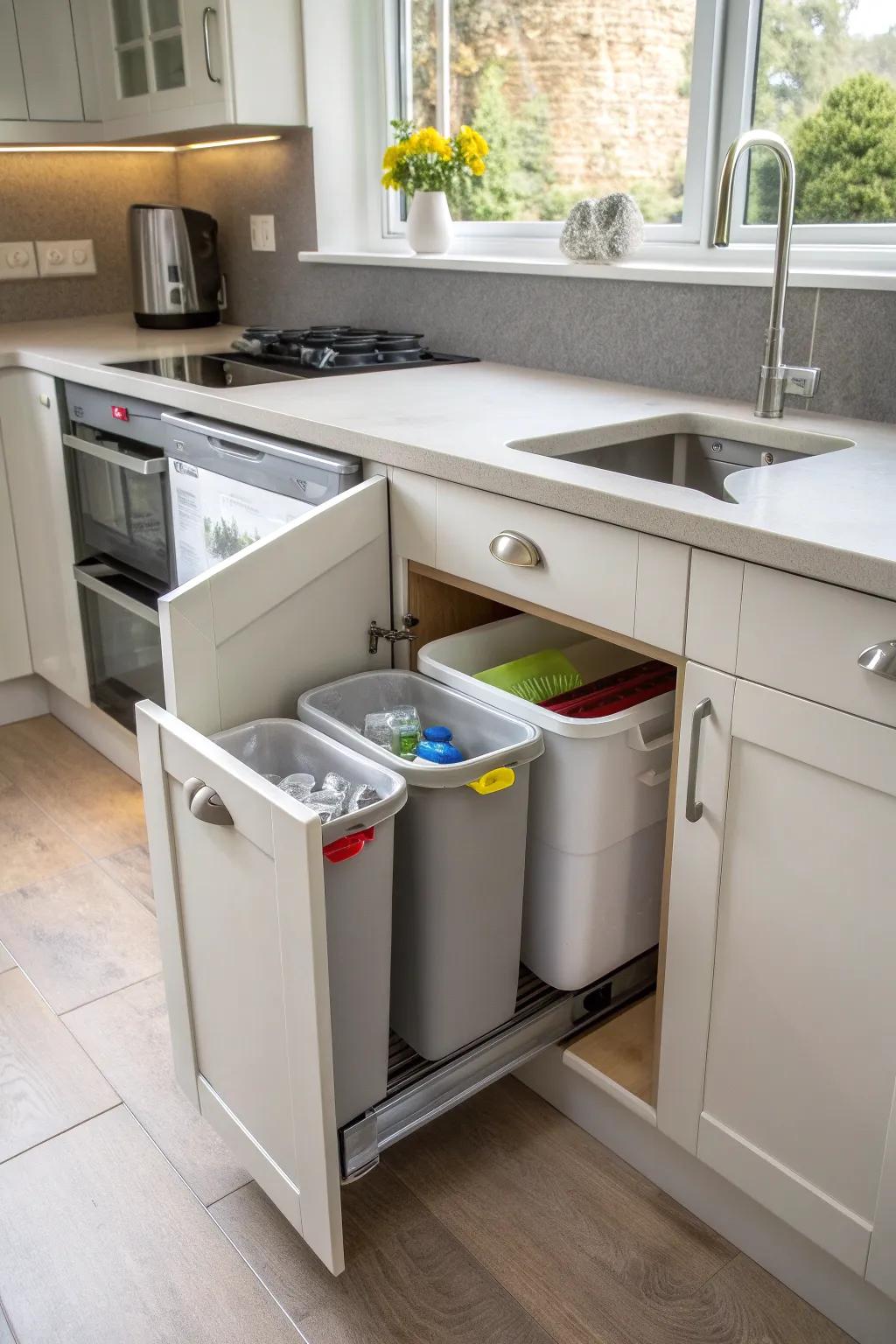 Rotating bins: a clean and stylish solution for managing kitchen waste.