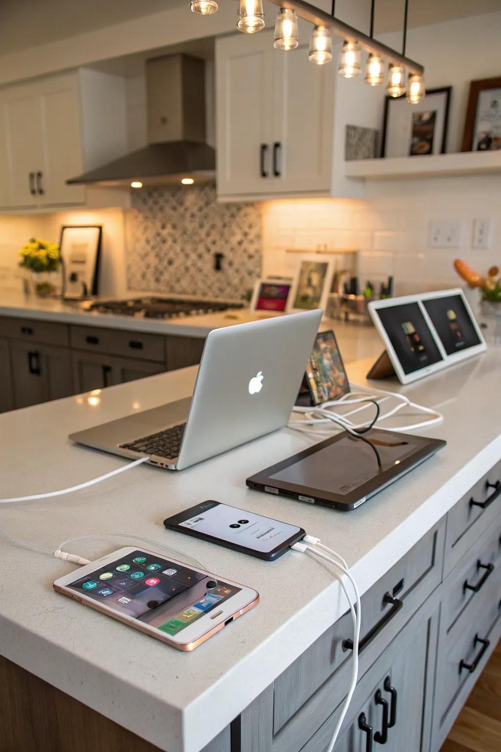 A tech-friendly kitchen desk featuring integrated outlets and charging stations.