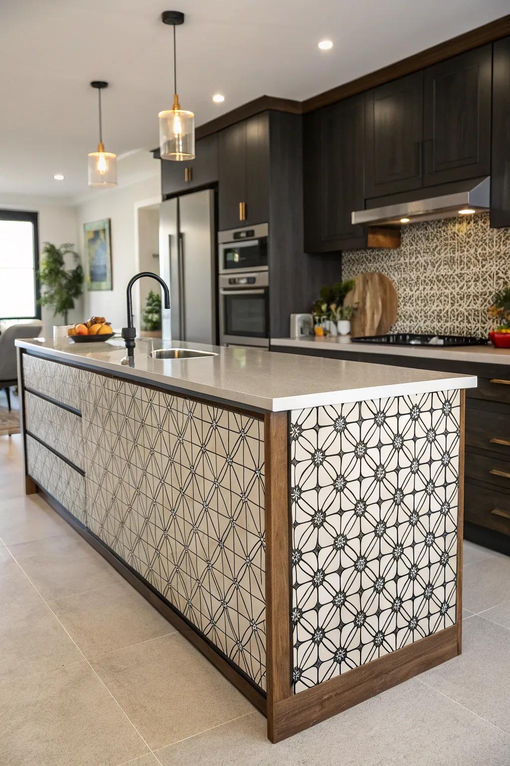 Geometric patterns incorporate a modern twist, infusing this cooking island featuring dynamic energy.