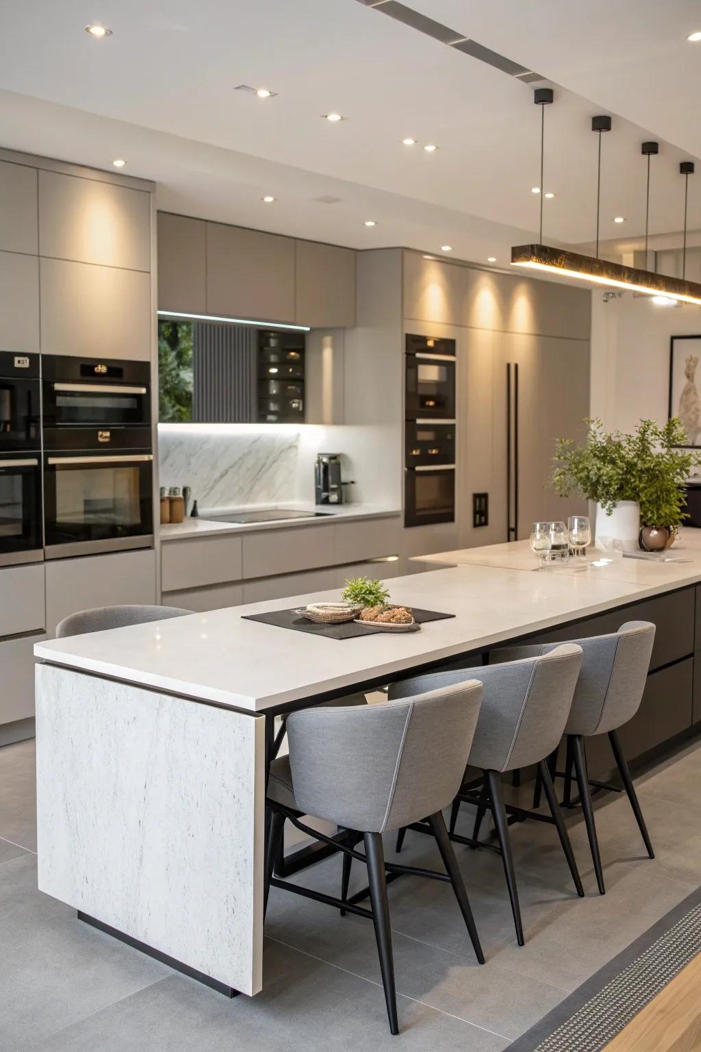Integrated appliances create a seamless kitchen design.