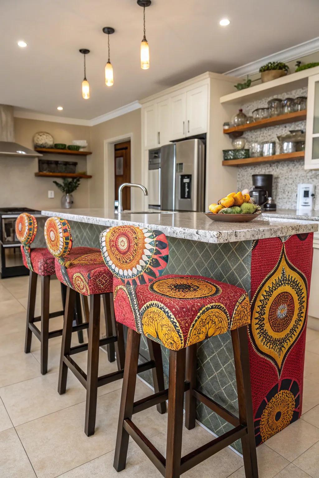 Bold patterns inject a playful vibe into your kitchen island seating.