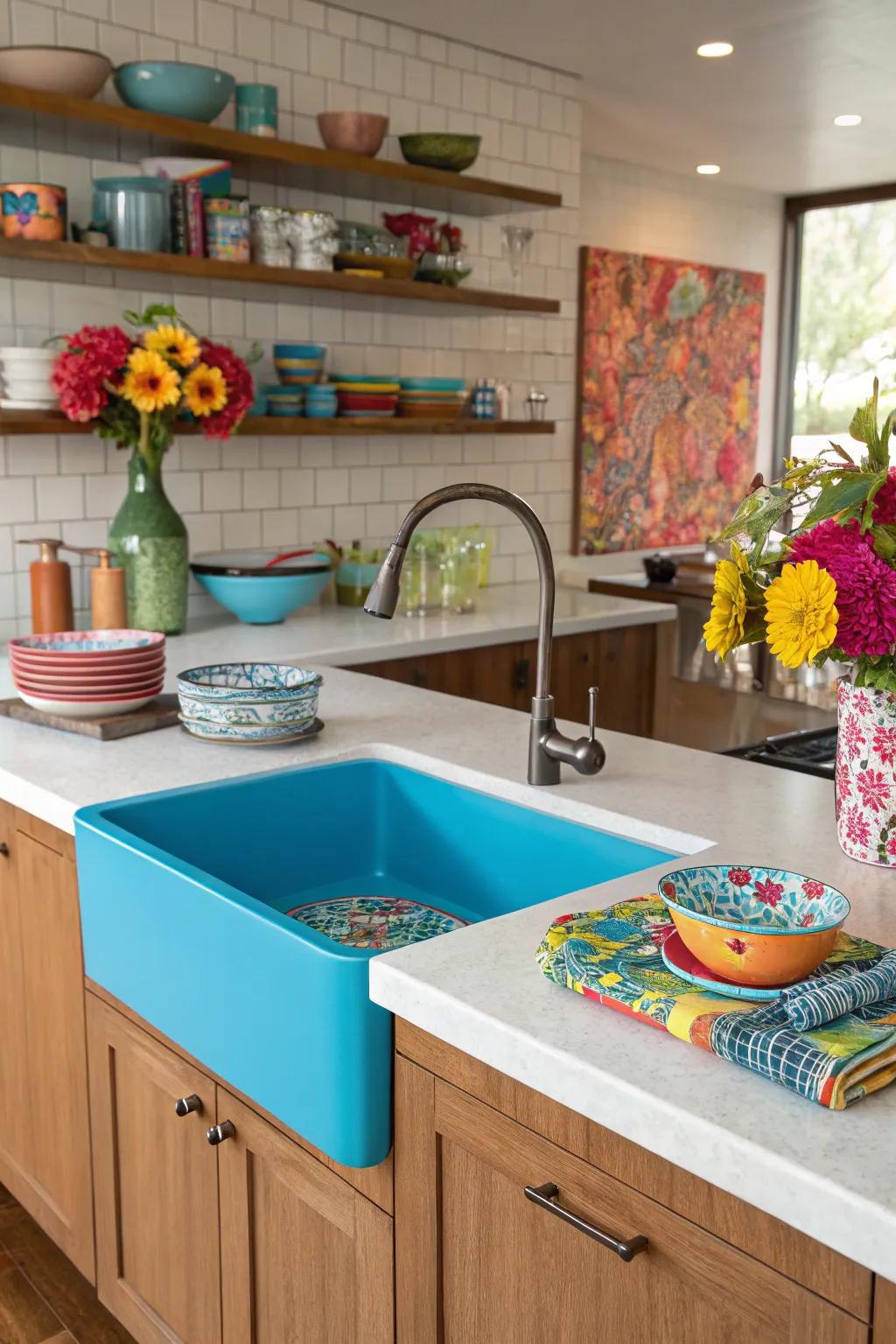 A kitchen island that makes a statement with a bold pop of color.