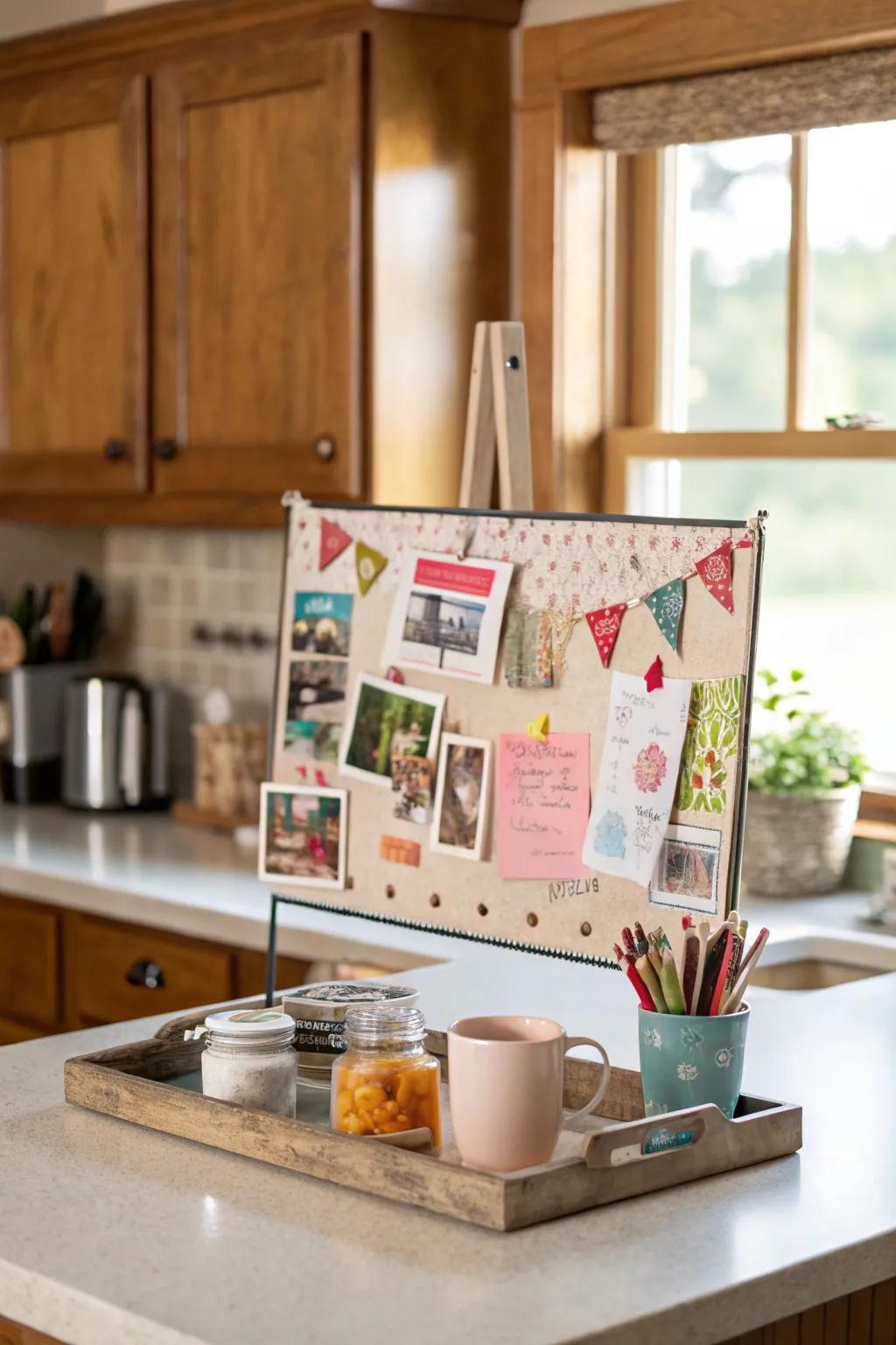 A bulletin board adds both function and flair to a kitchen workspace.