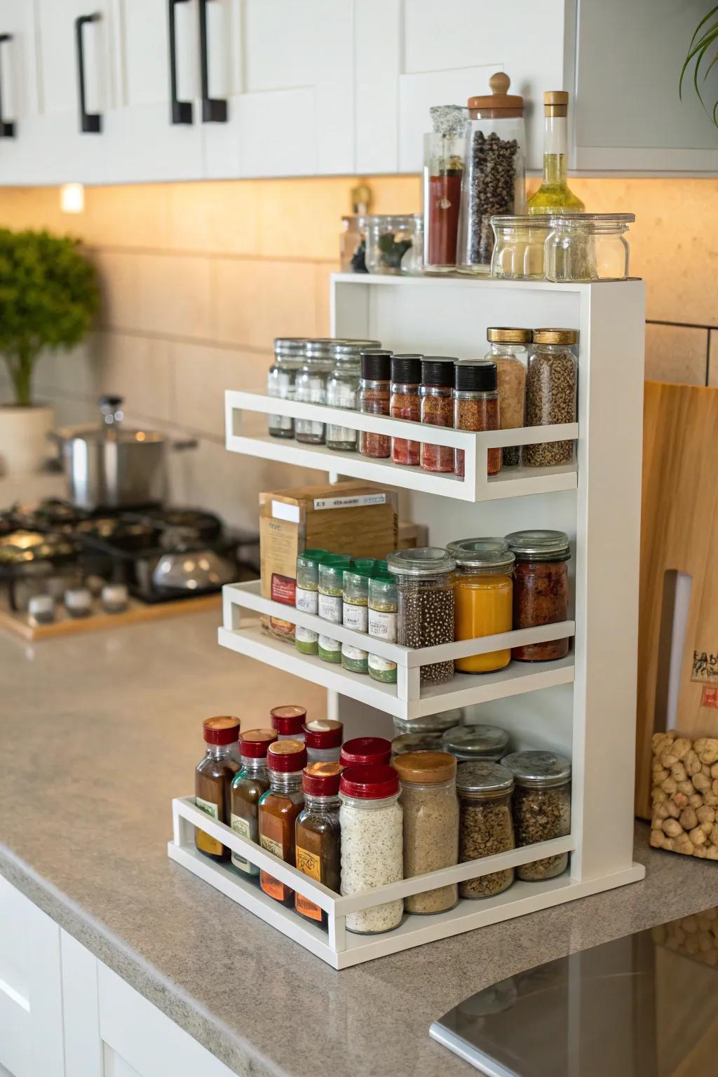 Tiered shelves keep spices visible and organized.