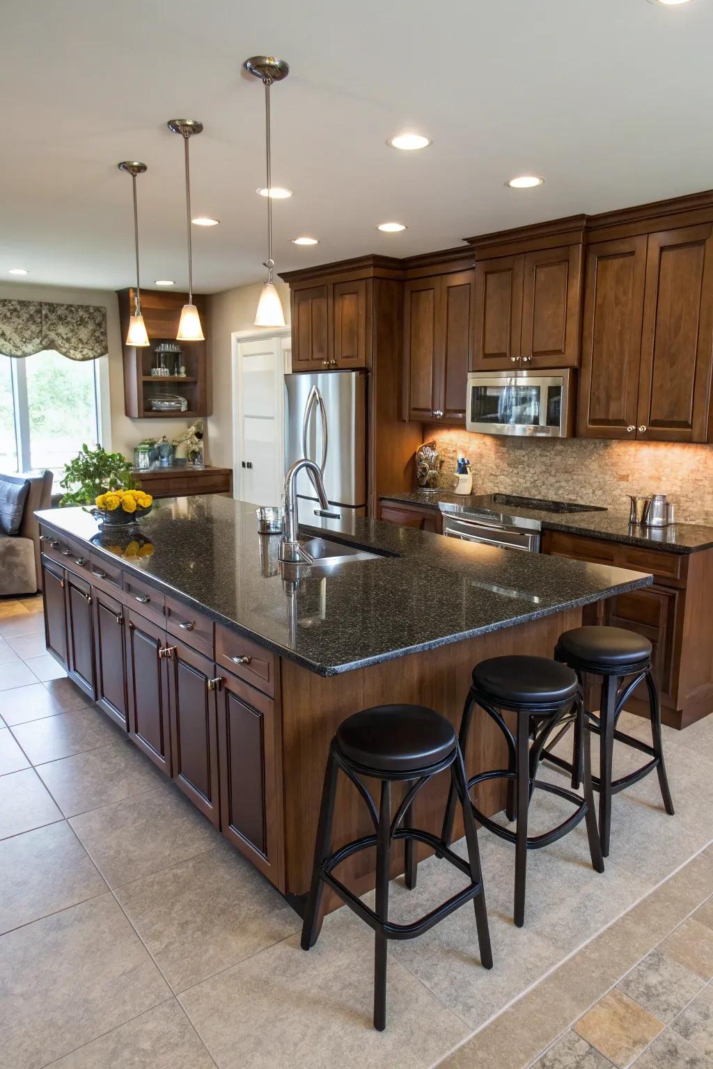 A social kitchen space with a sink integrated into the island.