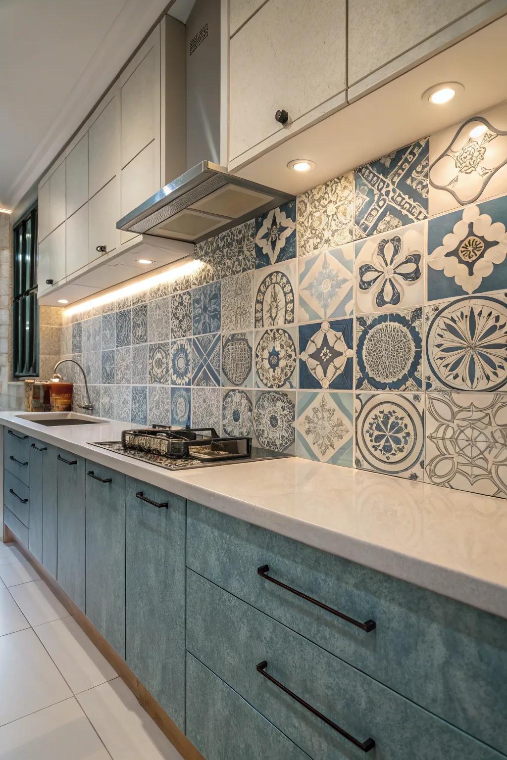 Abstract patterned tiles bring an artistic style to this cooking area wall.