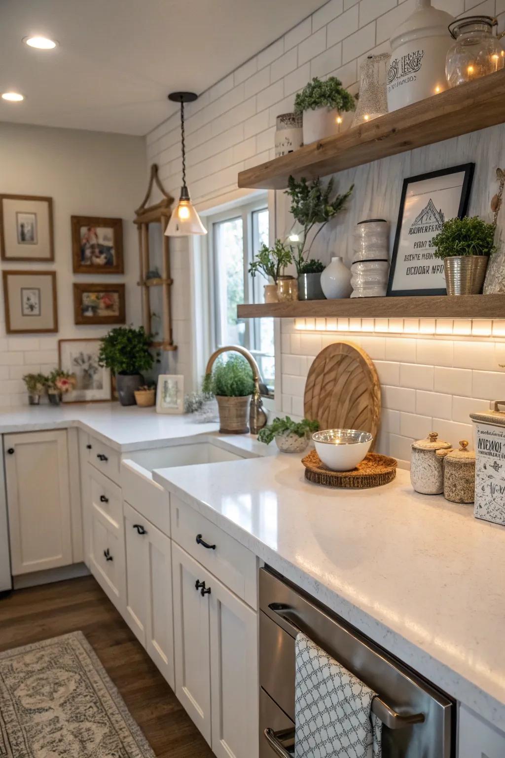 Decorative elements add texture and personality to the kitchen with white countertops.