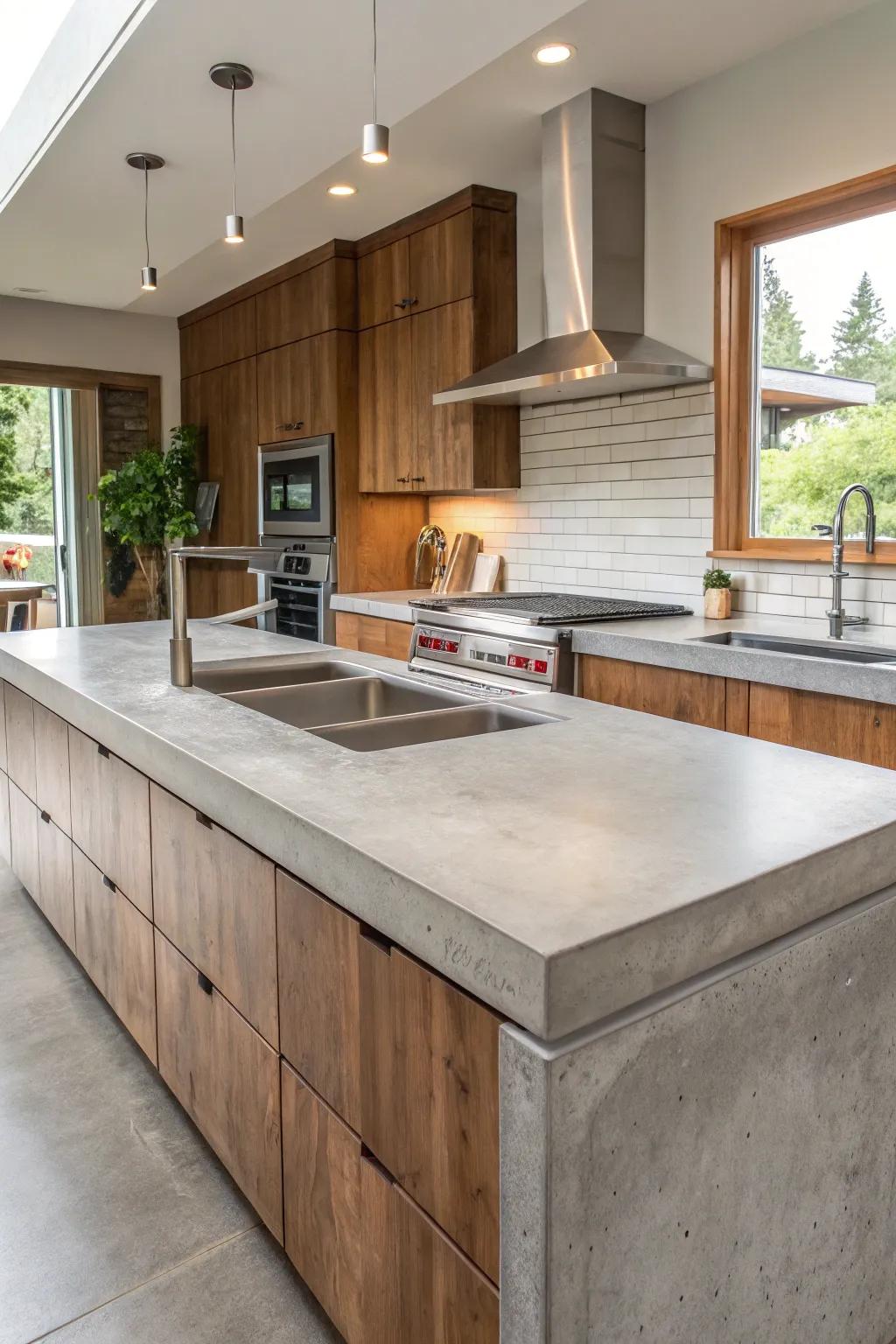 A kitchen featuring multi-level concrete countertops for functional delineation.