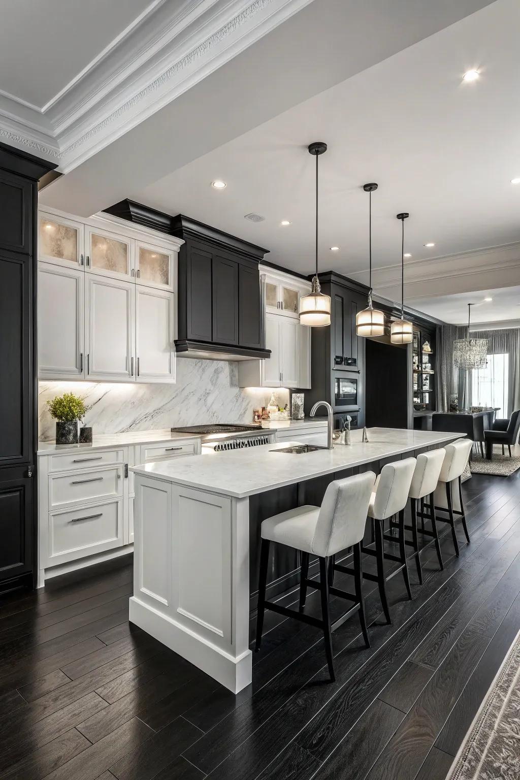 A chic black and white design pairs beautifully with dark floors.