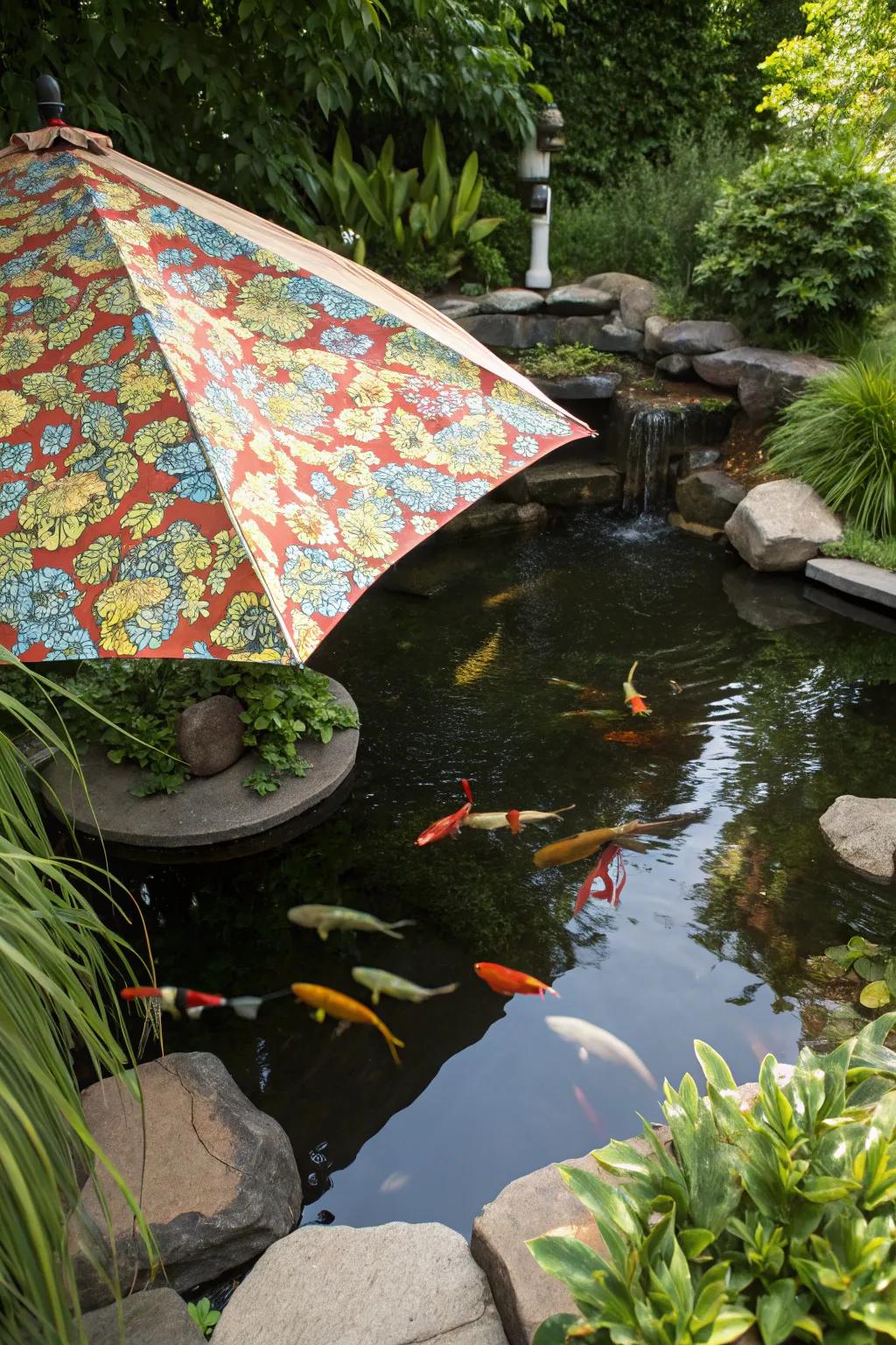 A koi pond featuring a custom fabric cover, presenting a vibrant source of shade.