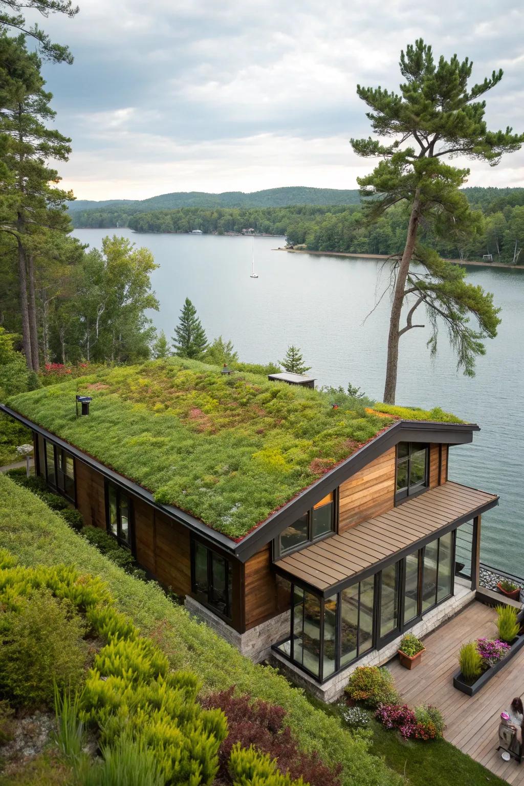 An eco-friendly green roof blending with the natural surroundings.