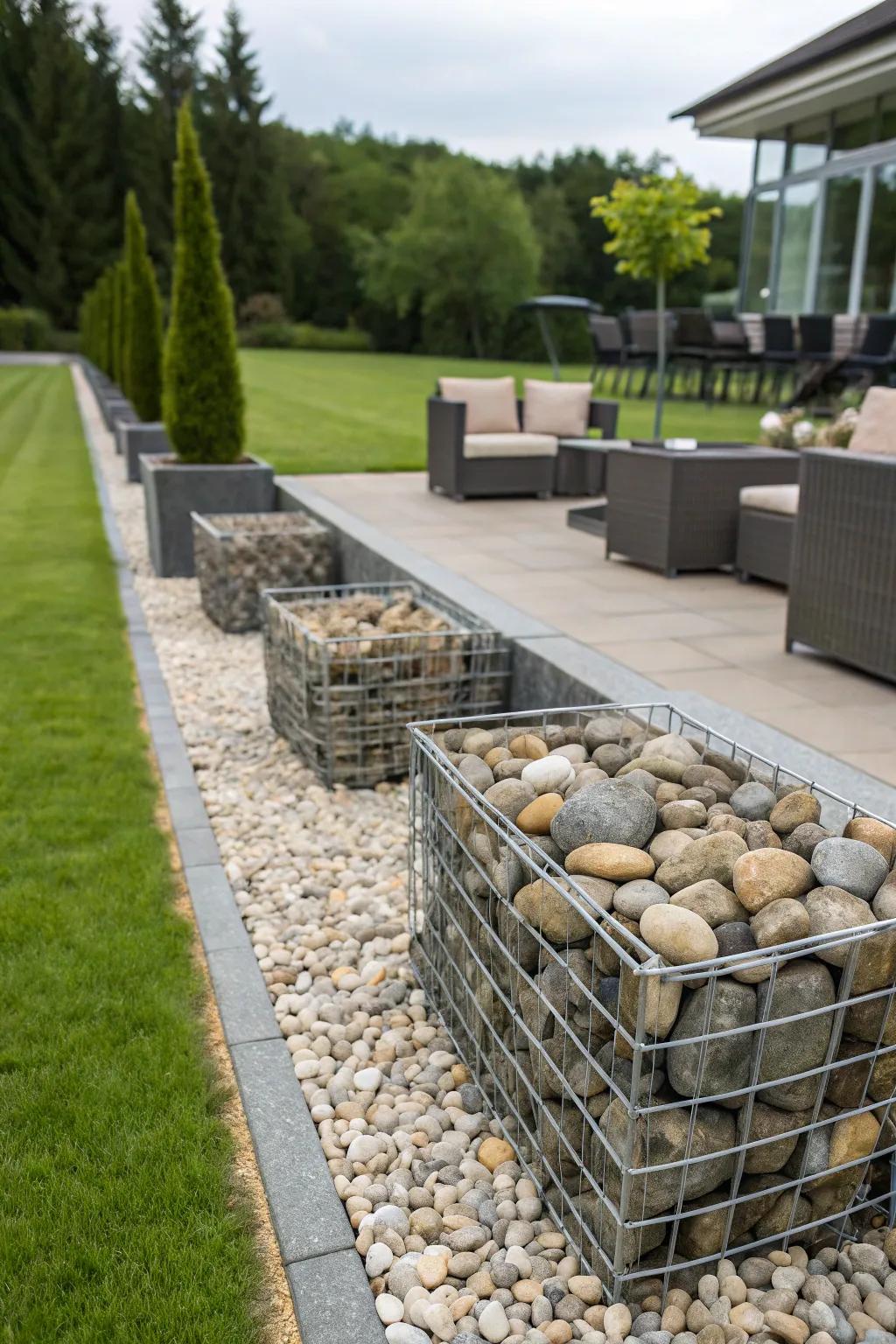 Stone-filled baskets offer a stylish, functional border.