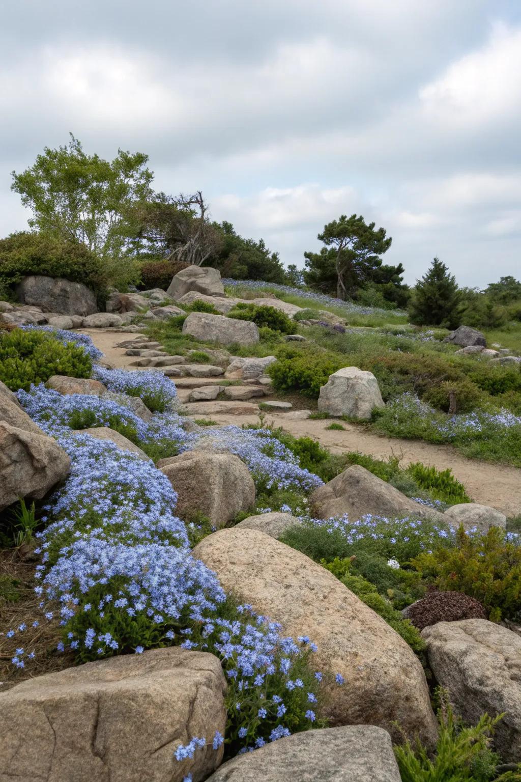 A rock garden featuring scattered blue plumbago flowers for added color.