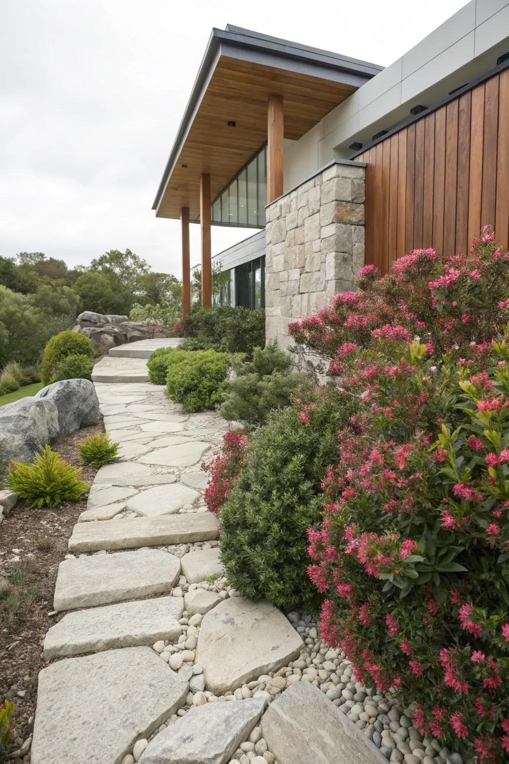 Contrast Indian hawthorn with hardscaping for modern appeal.