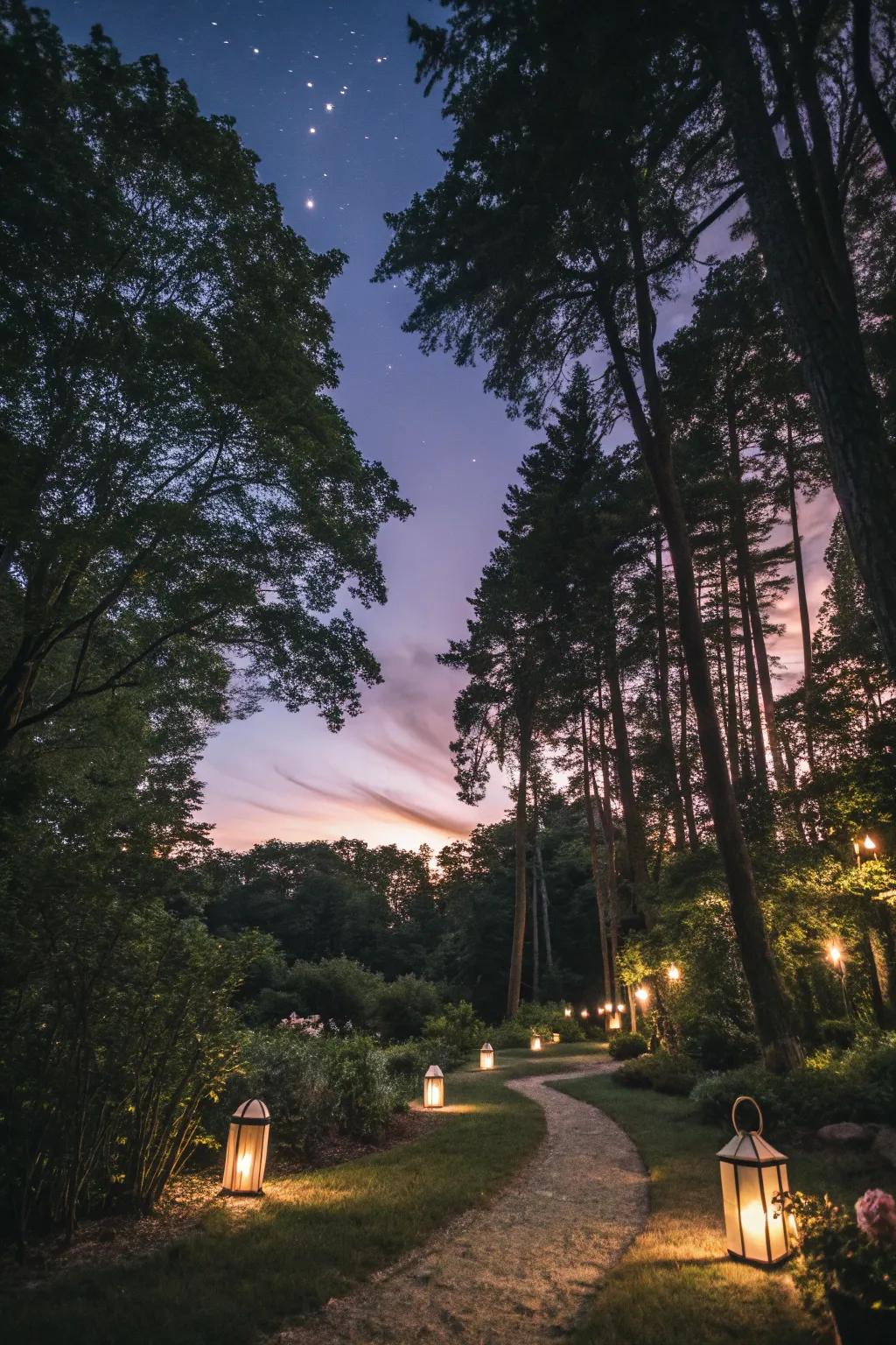 A softly lit woodland path creating an enchanting evening atmosphere.