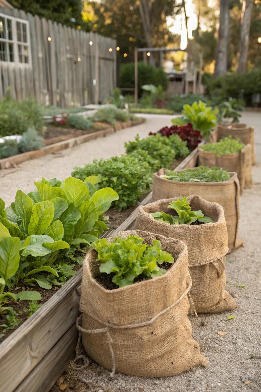 Hessian sacks provide a temporary, rustic answer for elevated gardens.