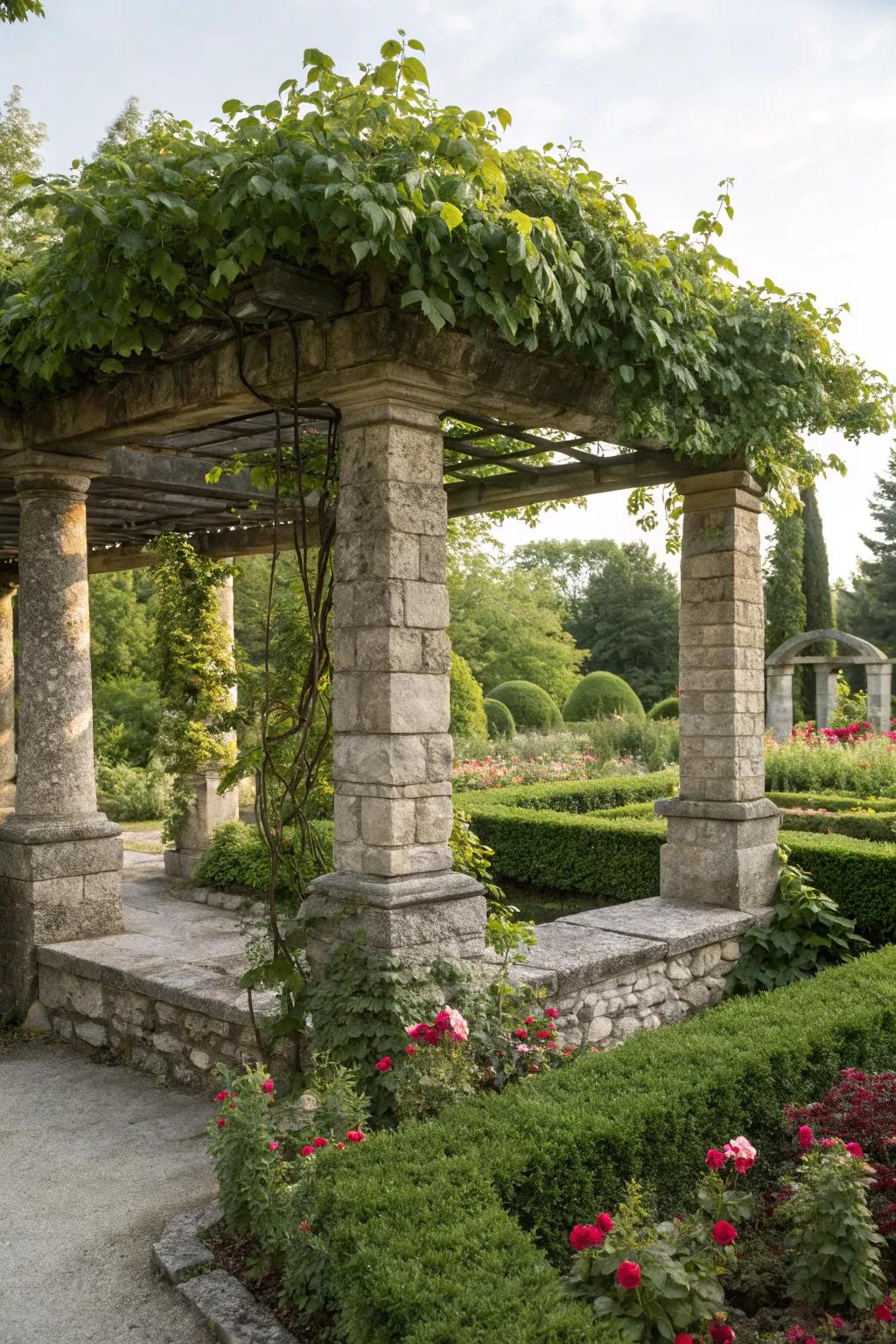 Stone overhangs offer shade and support for climbing plants.