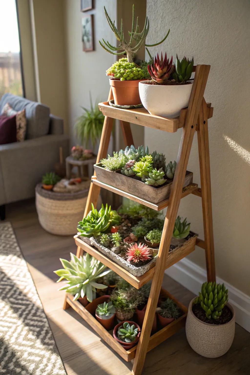 A tiered plant stand beautifully displaying a succulent collection.
