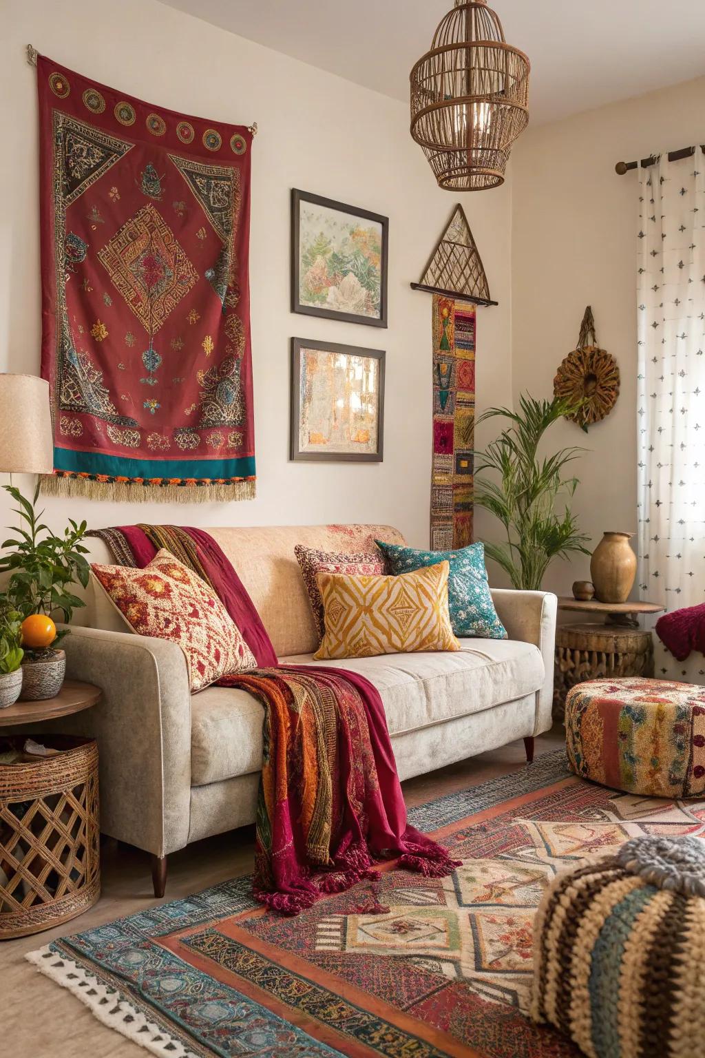Global inspirations add depth and character to this living room.