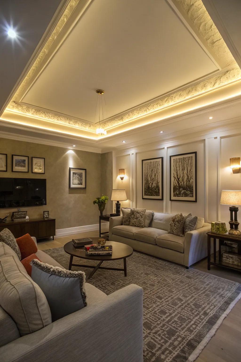 Tiered lighting effect with illuminated crown molding.