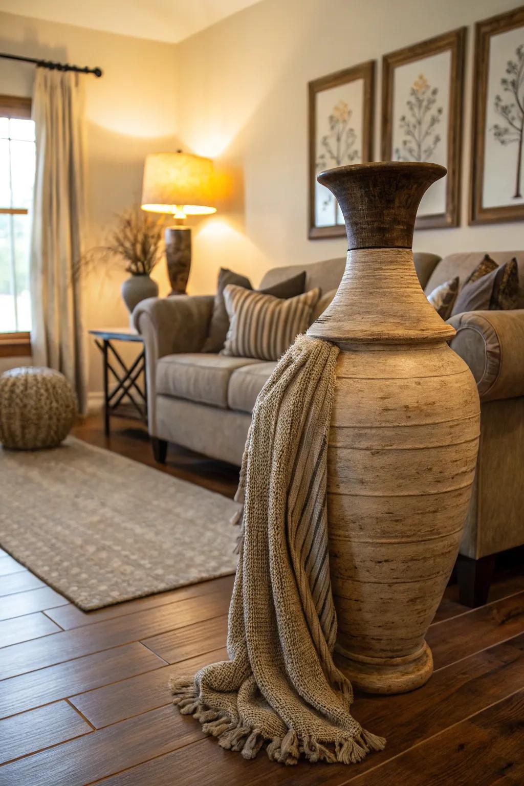 Textured cloths cast over a vase inject softness and a touchable element into décor.