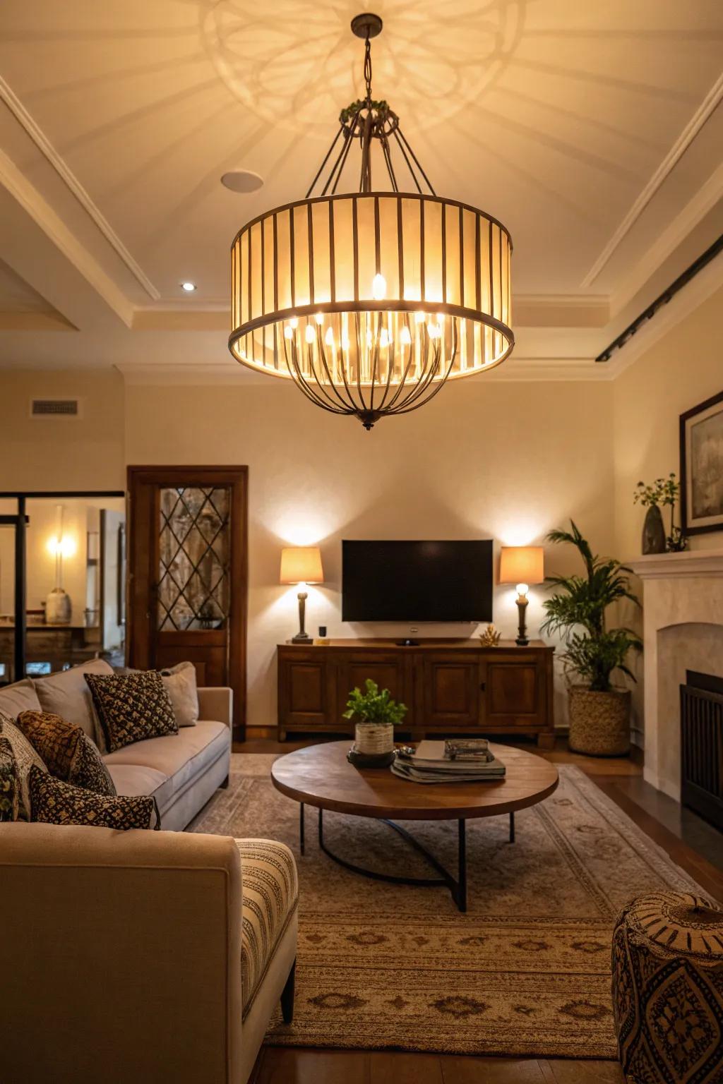 A living room featuring a bold statement lighting fixture.