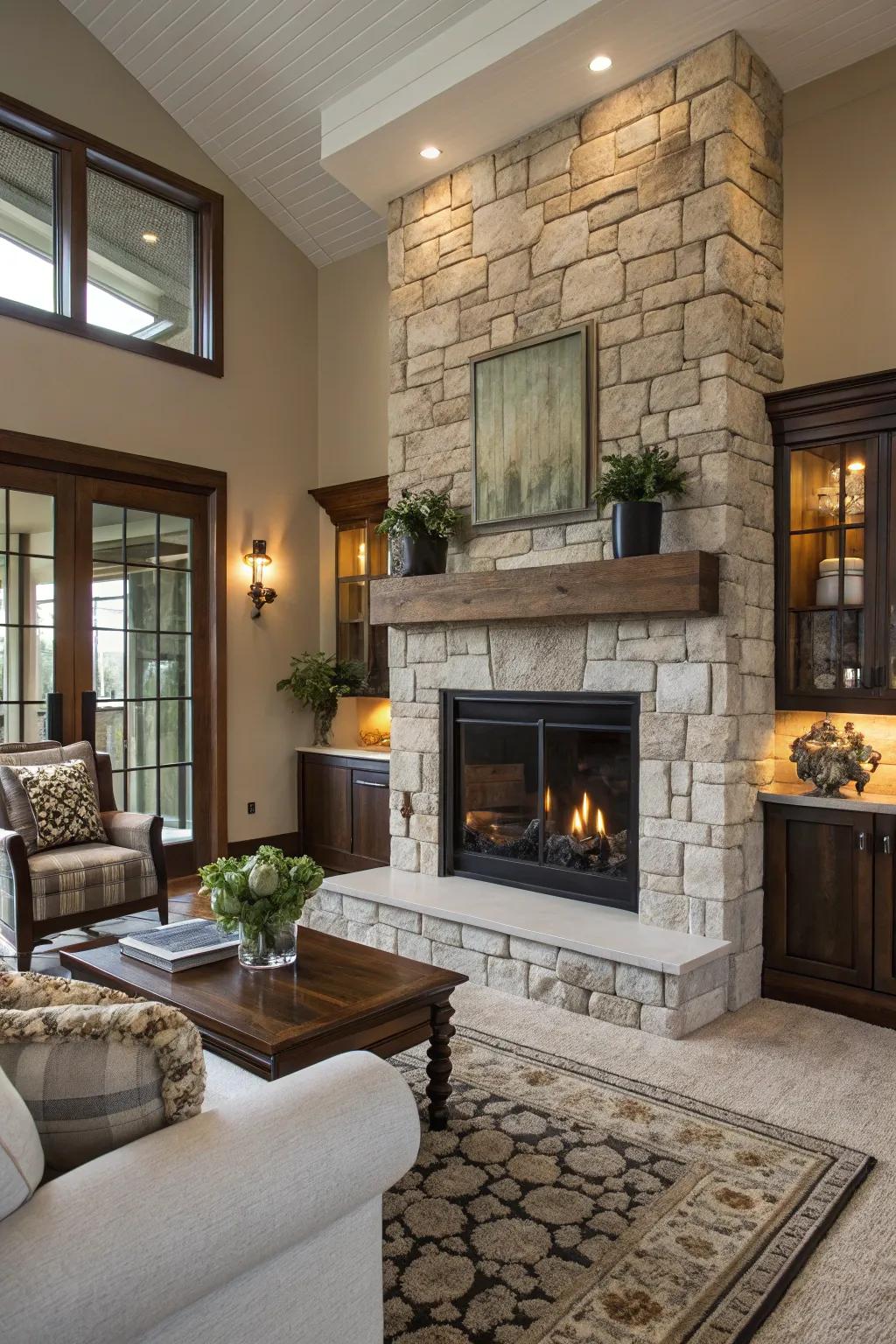 Stone and glass make a dazzling current chimney plan.