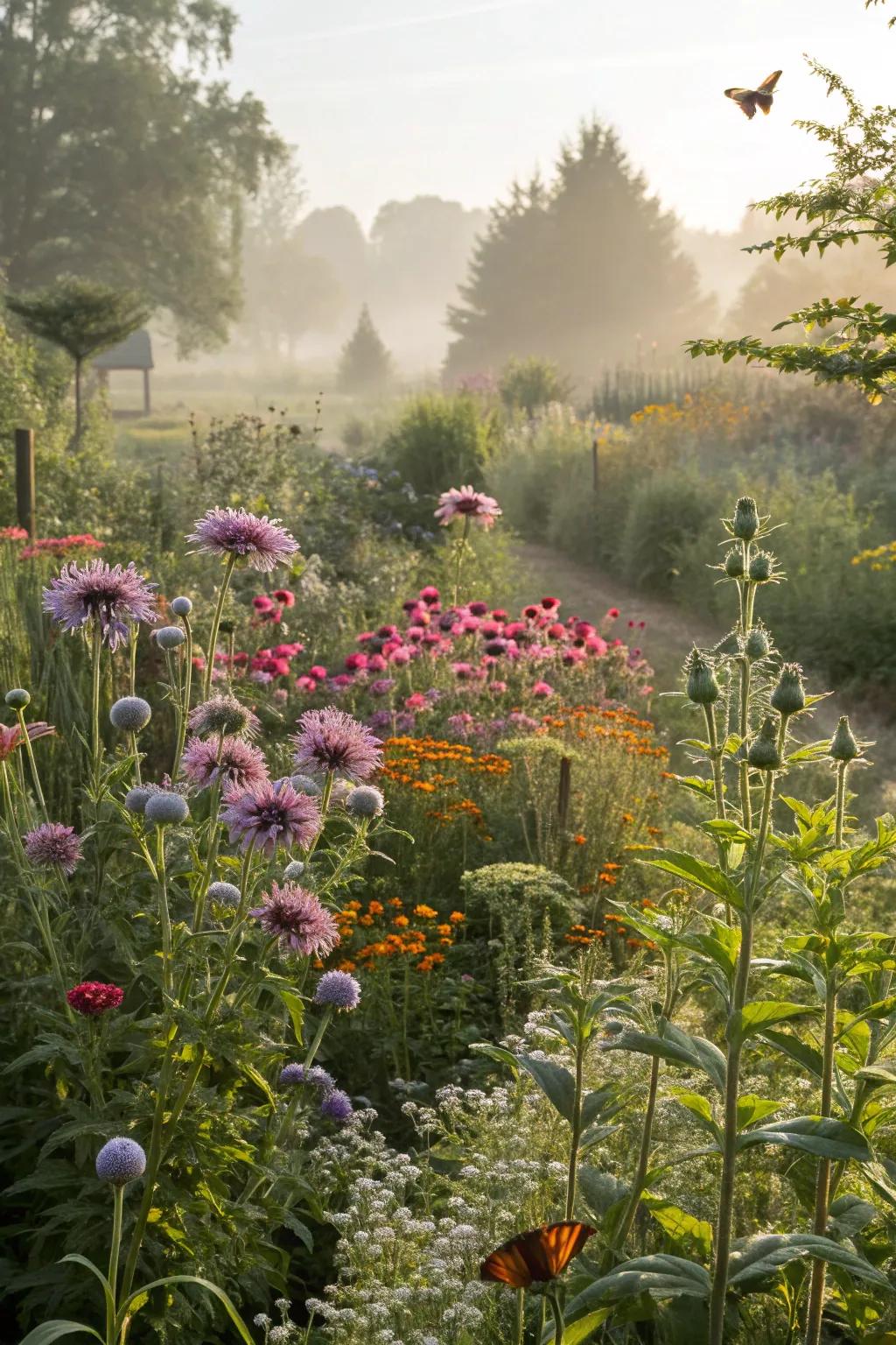 A haven for pollinators among a perennial garden.