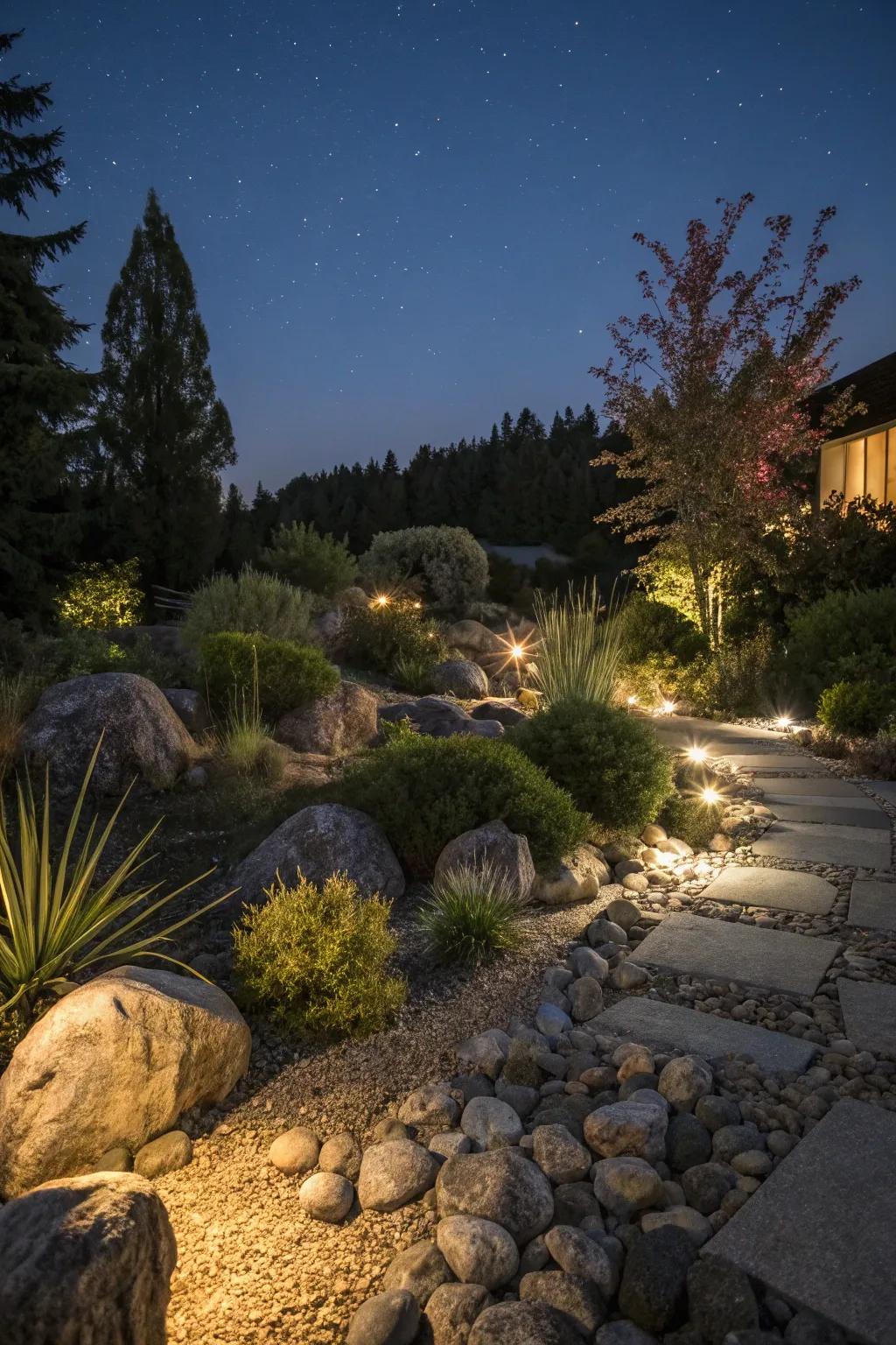 Night illumination introduces a magical touch to a rock garden.