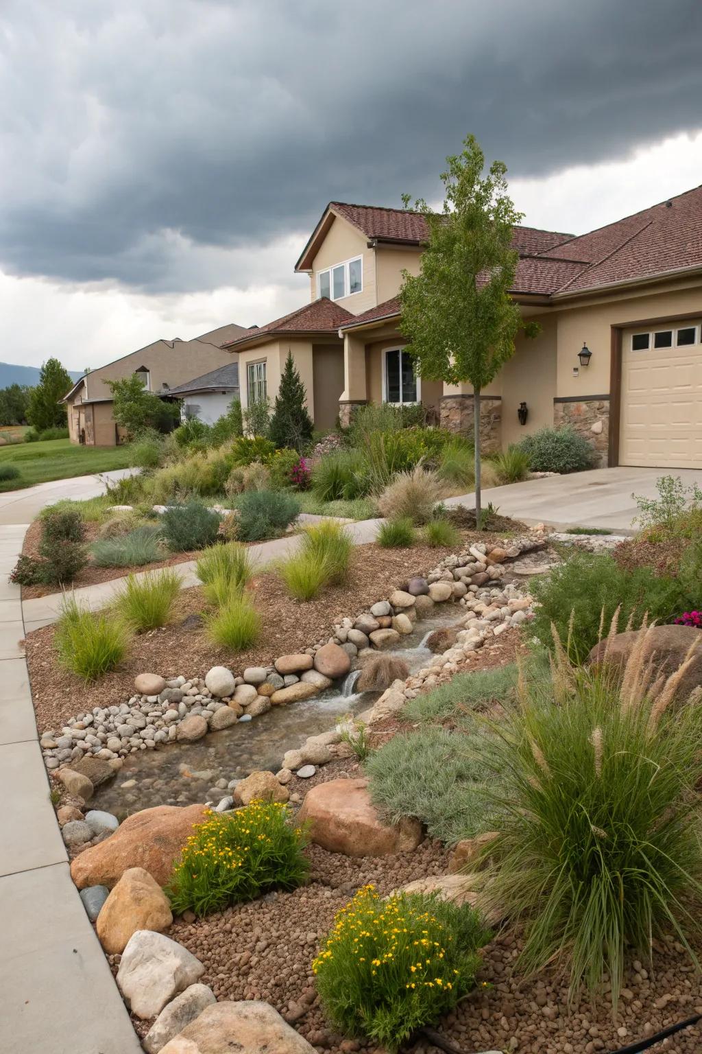 A waterwise garden efficiently manages stormwater in a xeriscape yard.